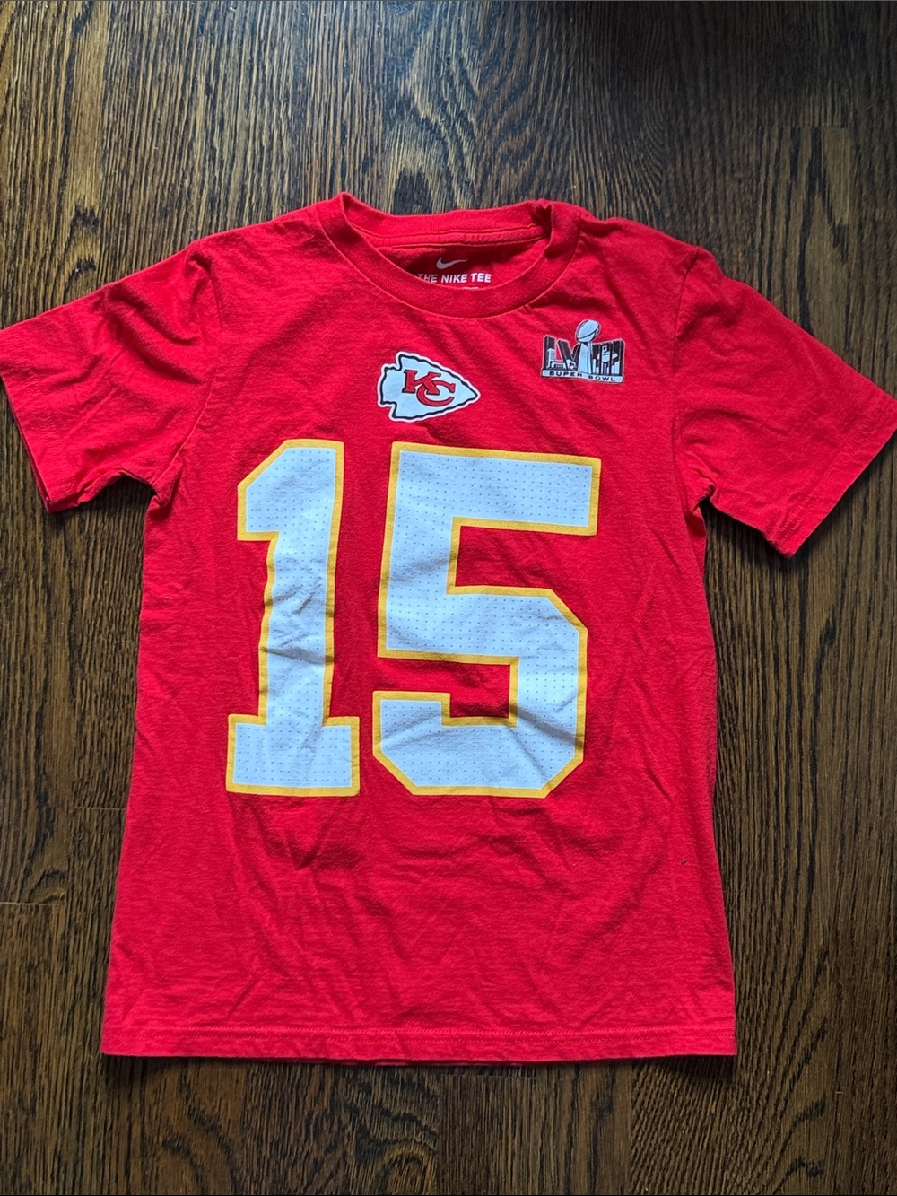 Kids Nike Red Kansas City Chiefs #15 Mahomes Super Bowl T-shirt size Small